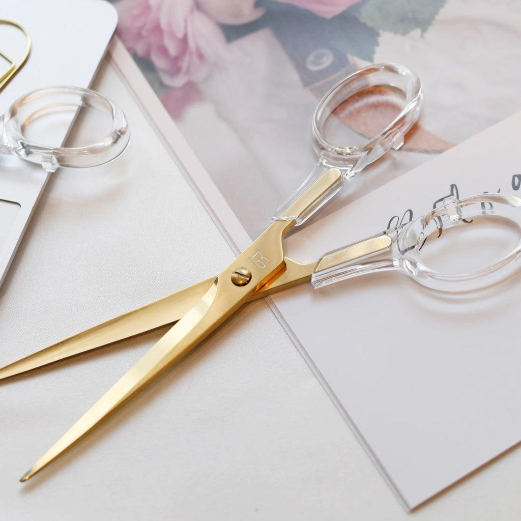 9 Clear Acrylic Scissors, Gold Tone High Quality Sheers, Bent